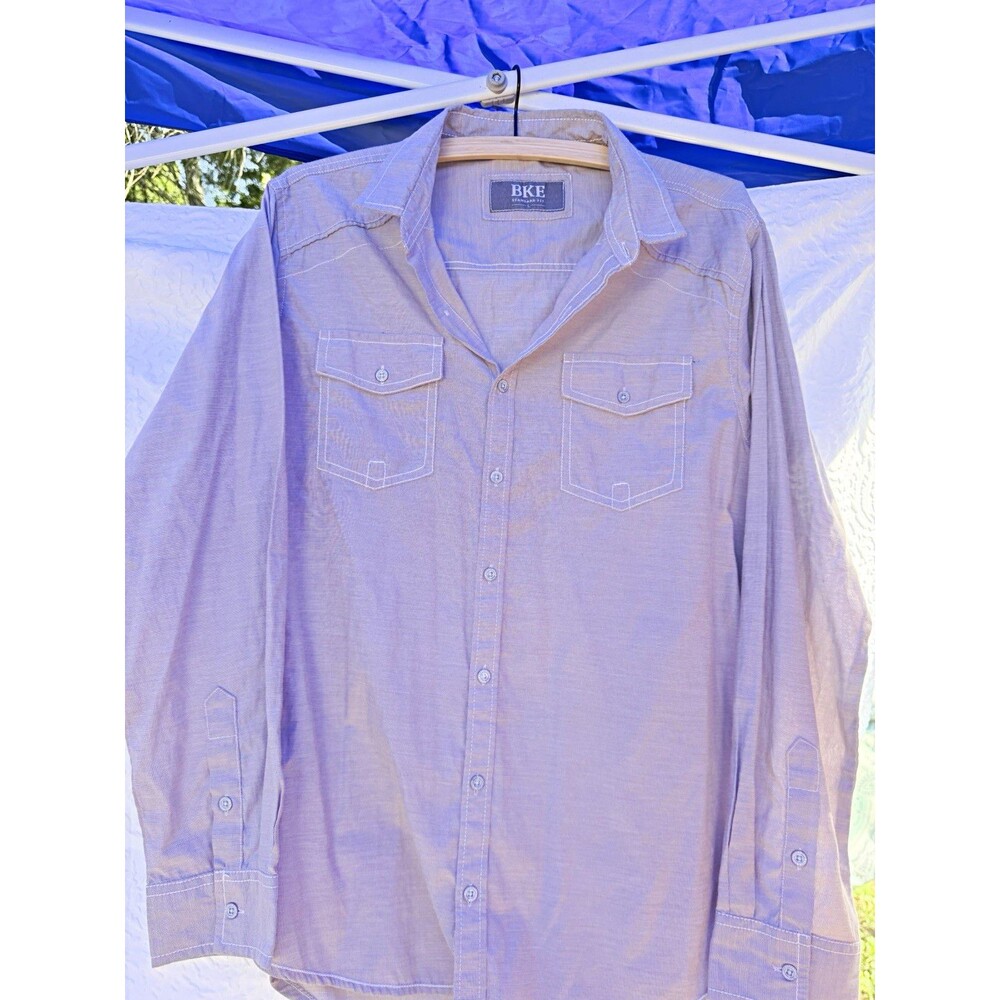 BKE Men’s L Blue Standard Fit Cotton Woven Solid Button-Up Shirt Pockets LS
